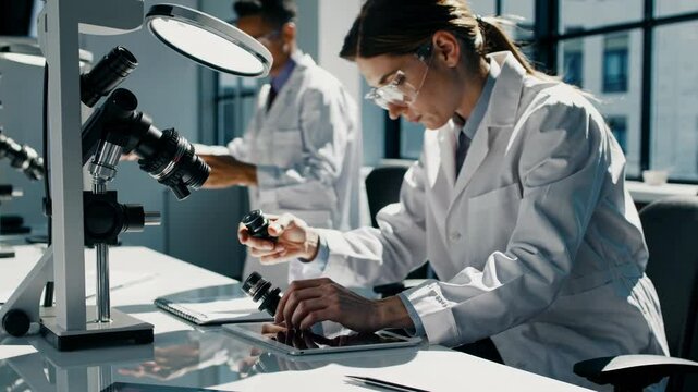 Scientists conduct laboratory research using microscopes in a modern facility in the afternoon