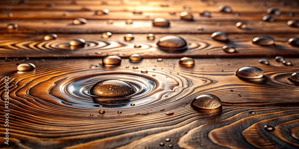 Fototapete water droplets on a wooden surface, creating a captivating display of reflection and texture
