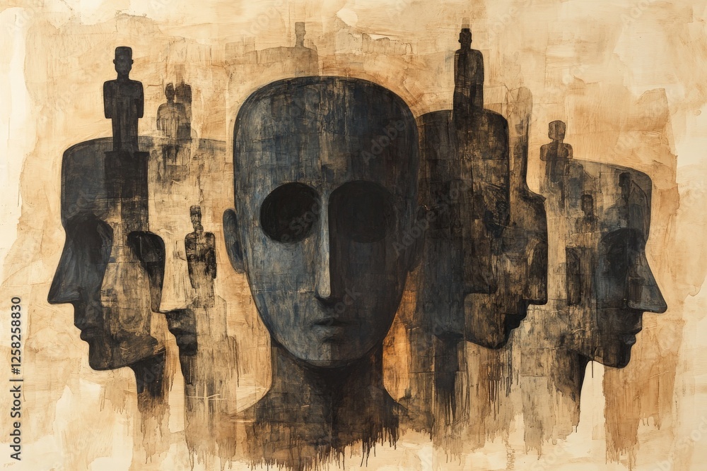 Poster abstract art featuring dark figures and sculptures in a muted color palette exemplifying themes of i