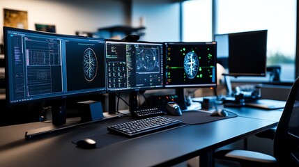 Fototapeta premium Futuristic deep learning lab with braincomputer interfaces, AIdriven neural activity mapping, and advanced robotics