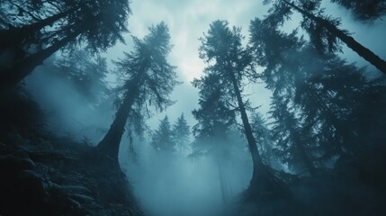 Mysterious foggy forest, low angle, dark trees, mountain backdrop, fantasy setting