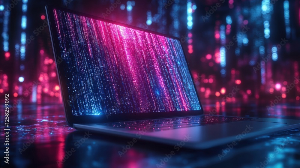 Poster laptop computer with colorful screen displaying digital kyc identity verification process