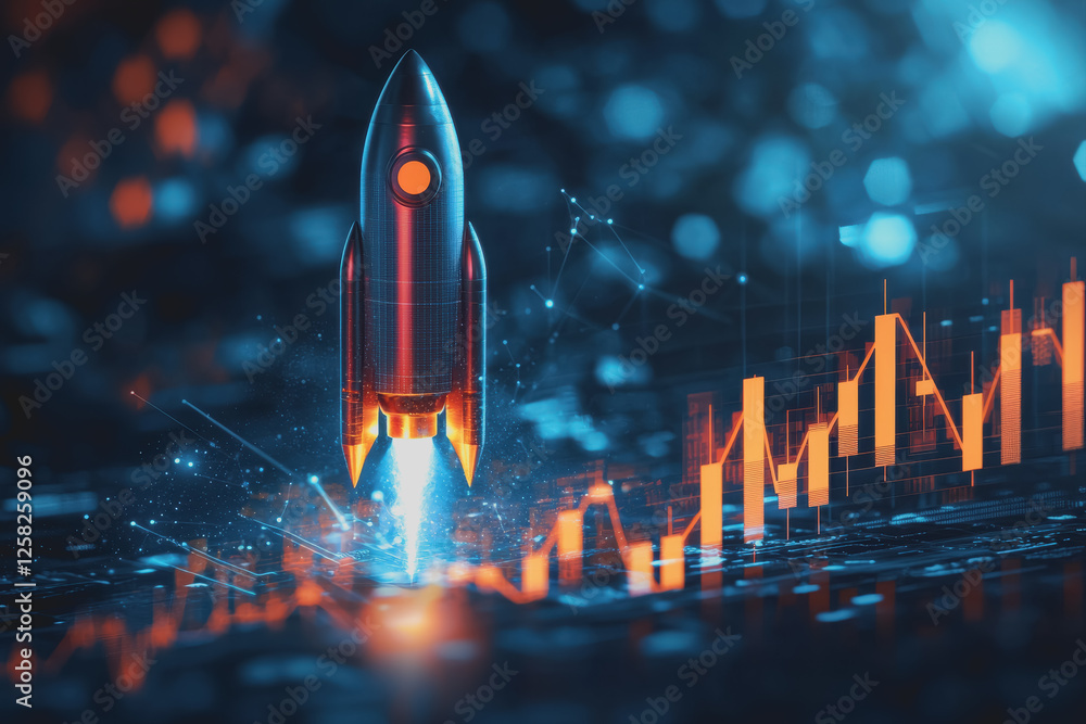 Poster rocket launching over financial graph chart representing growth and innovation concepts