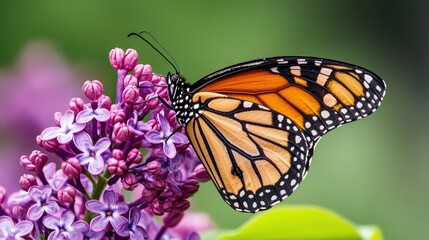 Fototapeta premium A butterfly resting on a lilac flower cluster.