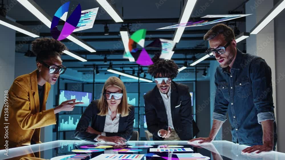 Poster team collaborates on innovative digital project in modern workspace with interactive displays
