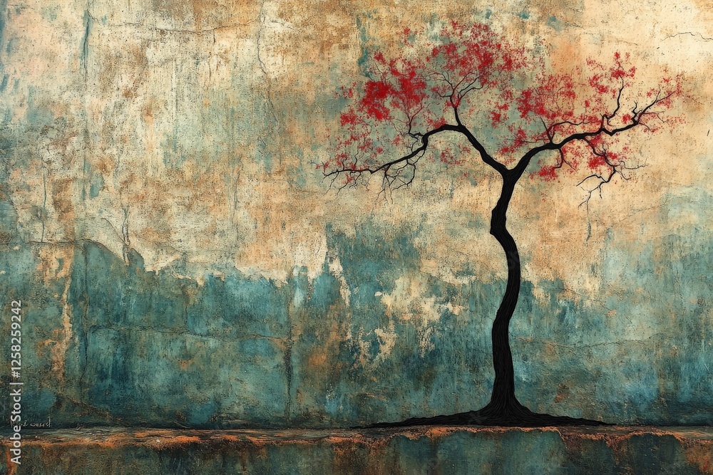 Poster lonely tree with red leaves against a textured background in a serene setting