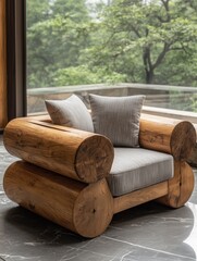 A stylish modern rustic armchair made of natural wood, featuring plush gray cushions, perfect for cozy living spaces and inviting relaxation.