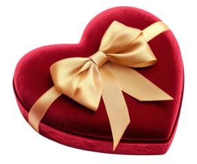 Heart-Shaped Gift Box with Golden Ribbon and Bow for Special Occasions, isolated on transparent background.