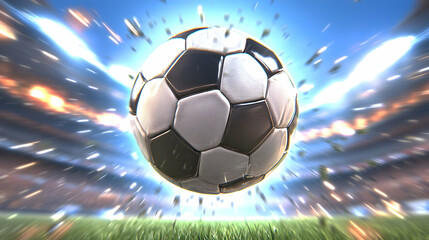 Naklejka premium Soccer Ball Explodes in Stadium: Victory Celebration, Exciting Game, Powerful Impact, Dramatic Speed, Intense Atmosphere