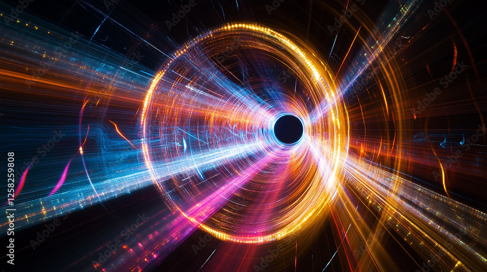 Poster vibrant light trails creating a tunnel effect in a digital abstract design