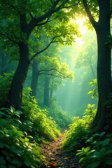 Dense foliage with sunlight filtering through, undergrowth, greenery, dense foliage