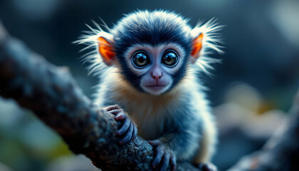 Naklejka premium Adorable Baby Monkey: Blue-Hued Fur, Large Eyes, Artistic Portrait