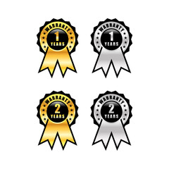 1 year warranty labels. One Year warranty label in golden color. Warranty card stamp or banner for service provider. Stars and One year label, tag, stamp. One year warranty card. Three options tags.