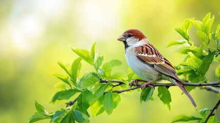 A bird perched on a branch in a lush, green landscape.