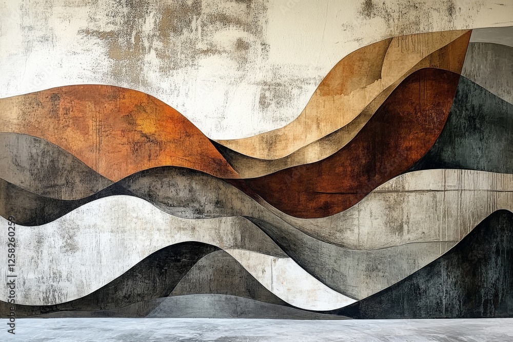Poster intricate abstract mural displays flowing wave patterns in warm tones at a modern art installation