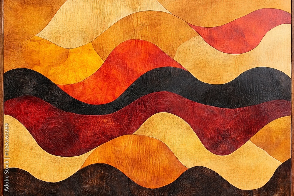 Poster intricate abstract artwork showcasing flowing waves of warm colors and dynamic shapes in modern desi