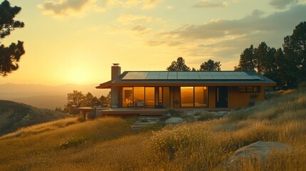 Sunset view of solar-powered hillside home