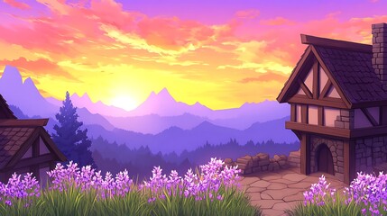 Tranquil Village Vista Beneath Golden Sunset Sky Cartoon Style Serene Illustration Art Scenery