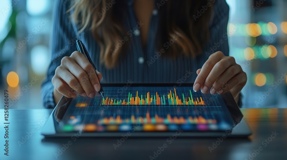 Poster woman analyzing digital charts and graphs on tablet with colorful display in office setting