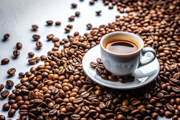 Fototapeta premium Minimalist Fresh Coffee Beans Spill on White Background Stock Photo