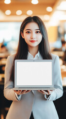 woman in a professional suit holds laptop with a blank screen. The macbook pro is in the center of the screen, with a bright conference room