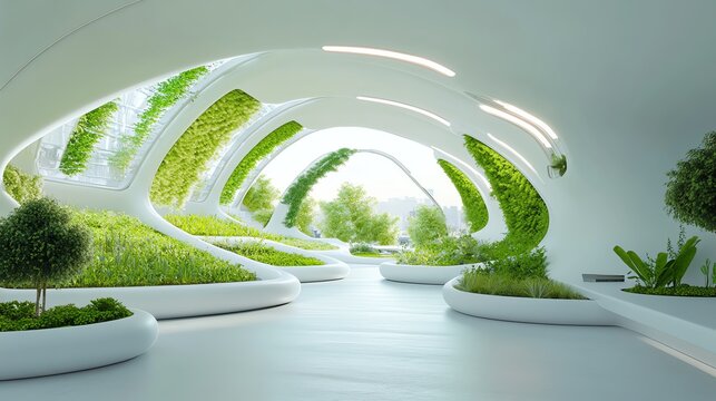 Futuristic ecolab with AIdriven sustainability research, vertical gardens, and selfsustaining energy sources