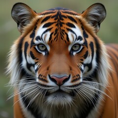 Obraz premium Close-up of a majestic tiger's face showcasing its striking features ideal for powerful and intense themed designs