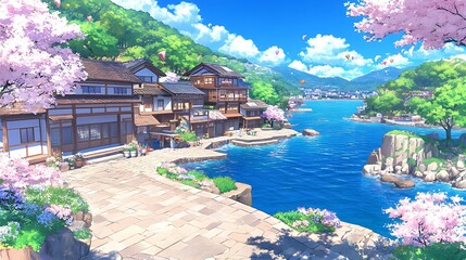 Tranquil Waterside Village Amidst Cherry Blossom Bloom Anime Aesthetic Coastal Setting Scenery