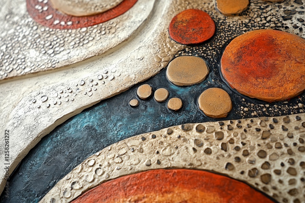 Poster abstract wall art featuring textured patterns with circular designs in warm tones on a neutral backg