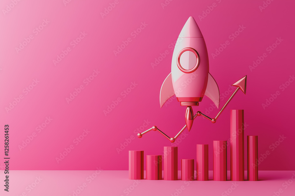 Poster rocket flying over a bar chart representing growth and progress in a business or technology context