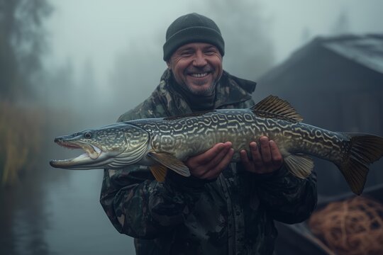 Smiling angler proudly displays a freshly caught northern pike while wearing camouflage gear on a misty day.