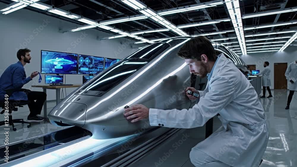 Poster engineers working on advanced transportation system in a high-tech lab setting