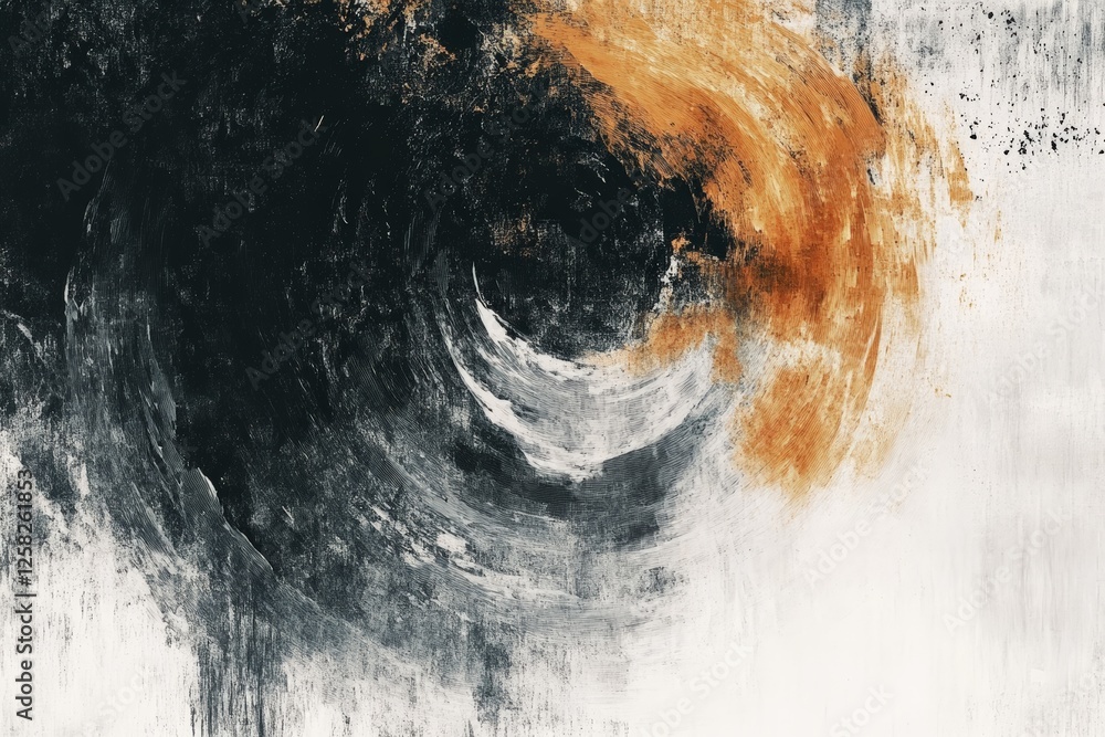 Poster abstract swirling patterns in black and orange against a white background create a dynamic visual ex