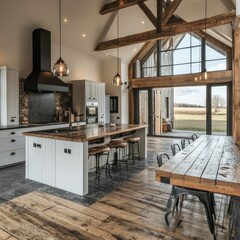 Modern farmhouse kitchen, open-plan design, rustic beams, country view, home decor