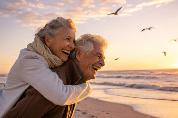 A joyful elderly couple shares a loving moment on the beach at sunset, surrounded by seagulls and the calming ocean waves.
