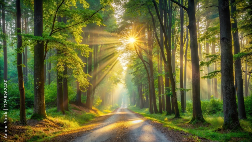 Poster a sunlit path through a tranquil forest, beams of light penetrating the dense canopy, creating a mys
