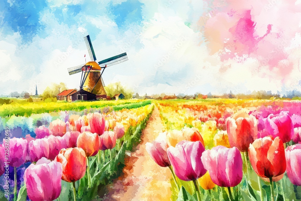 Poster Colorful watercolor illustration capturing tulip fields with windmill in spring vibrancy and clean space for text. Generative AI