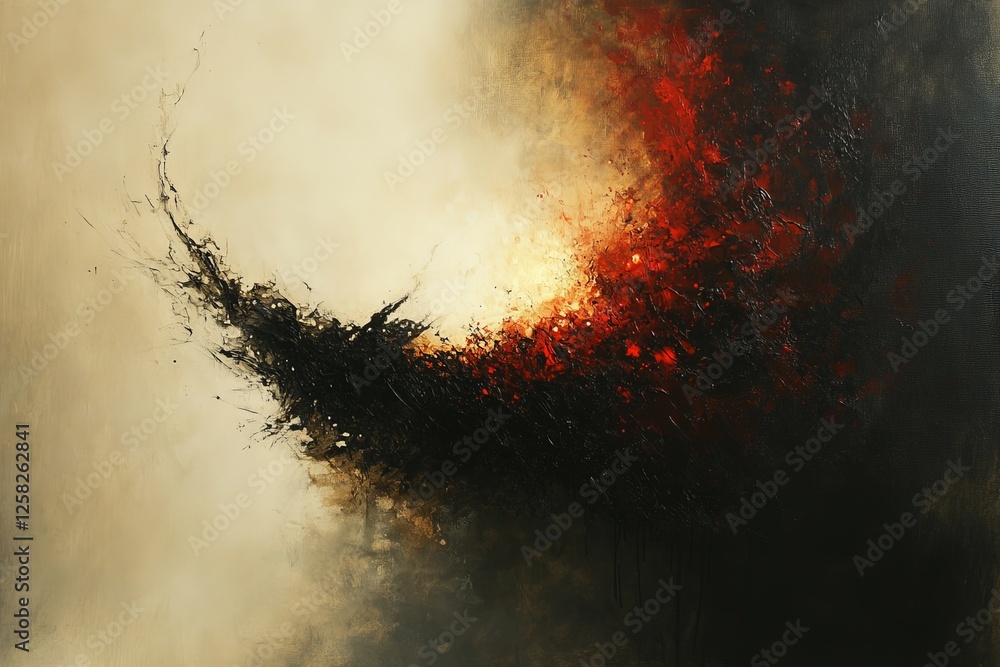 Poster abstract artwork showcasing dynamic forms and vibrant colors with a mixture of reds and blacks