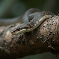 Fototapeta premium Detailed close-up of a snake coiled elegantly on a textured branch showcasing its intricate patterns and smooth scales ideal for themes of mystery and intrigue