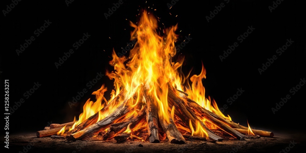 Poster a roaring bonfire with vibrant flames dancing over a bed of glowing embers, creating a captivating d