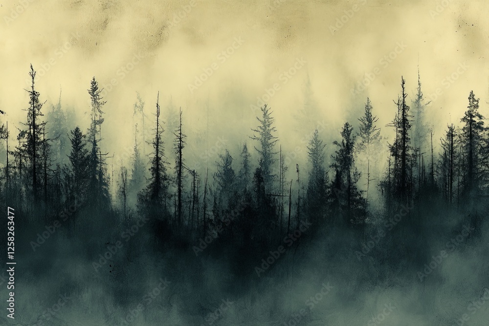 Wall mural Misty forest landscape at dawn with tall trees and a hauntingly ethereal atmosphere