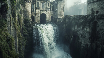 Fototapeta premium Majestic waterfall cascading beside an ancient stone castle in a misty landscape