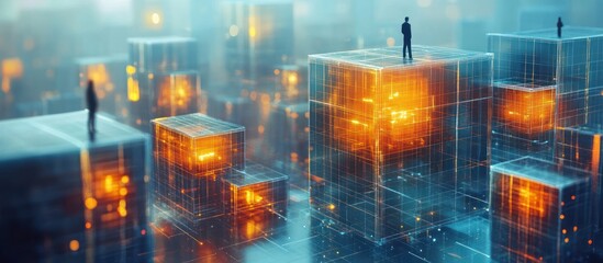 Futuristic cityscapes figures atop glowing cubes, network background, digital concept