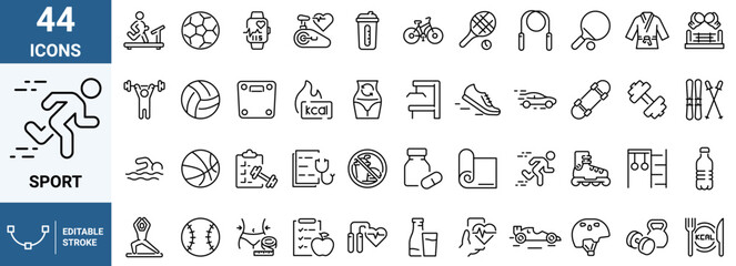 Diet and sport. Fitness related line icon set. Gym exercises linear icons. Sport and training outline vector signs and symbols collection.