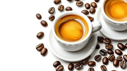 Freshly Brewed Coffee in White Cup Surrounded by Coffee Beans