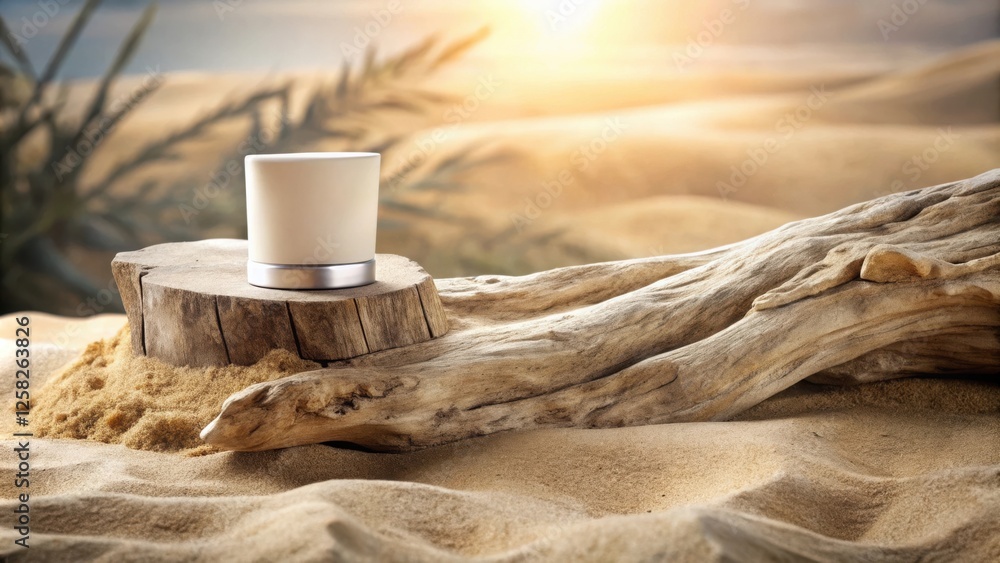 Fototapete A white container rests on a wooden stump nestled in the soft sand, with a weathered log and the warm glow of the setting sun creating a serene backdrop.