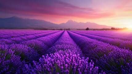 Naklejka premium Serene lavender fields under a colorful sunset