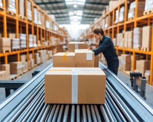 A worker organizes packages on a conveyor belt in a modern warehouse, showcasing efficiency and logistics operations.