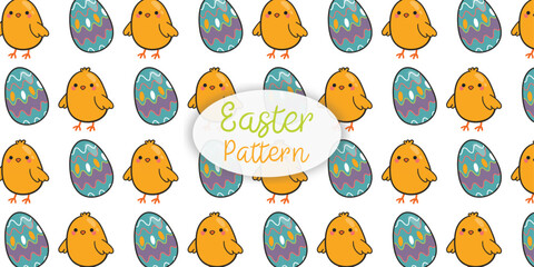 Seamless hand-drawn Easter pattern with cute chicks and colorful eggs, vector design for decor and packaging