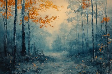 Misty autumn forest path with vibrant orange leaves and serene blue tones during early morning hours